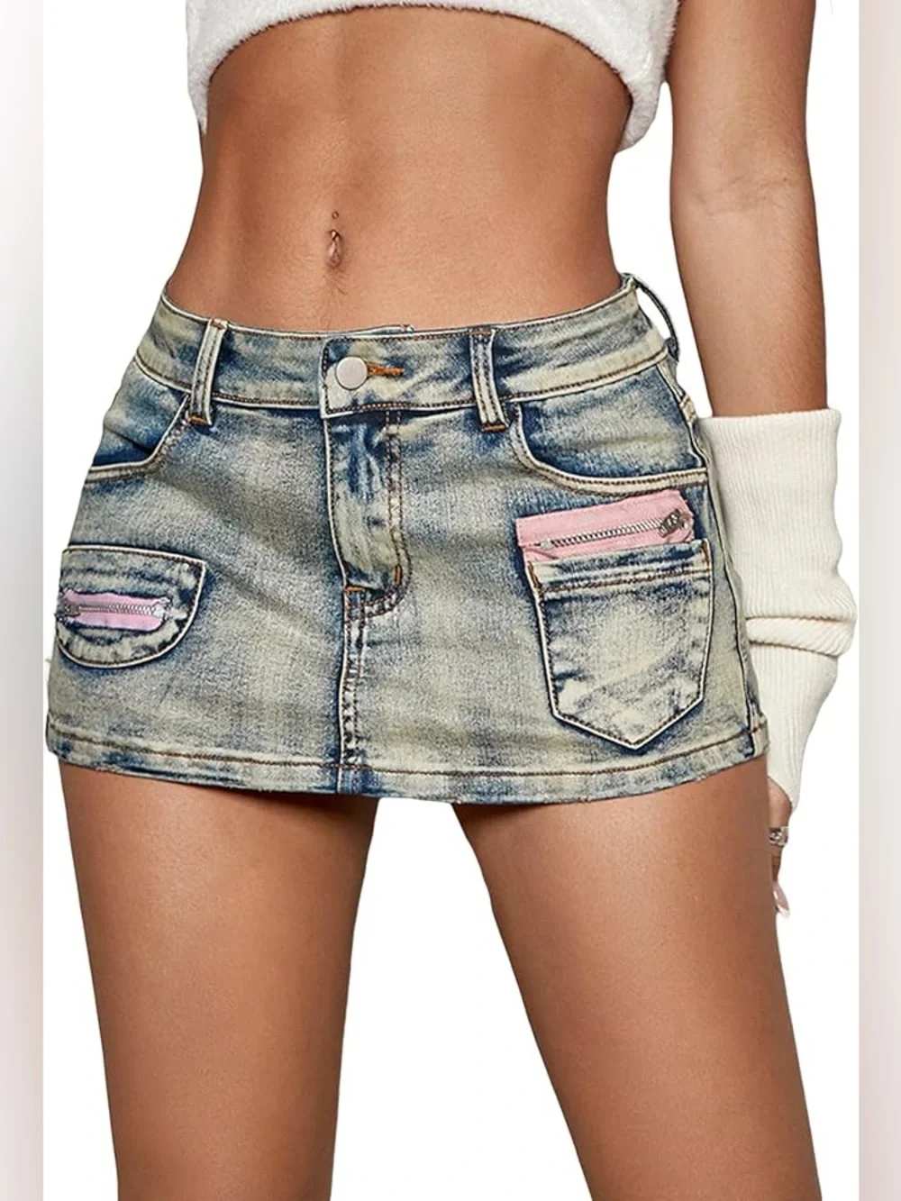 Skirt Low Rise Mini Bodycon Cargo Denim Jean Skirt with Pocket Sz L - Picture 11 of 12